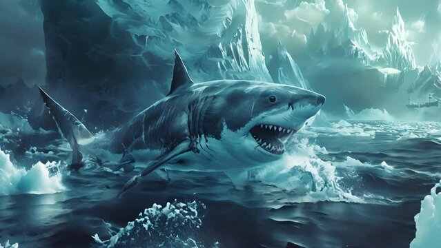 A megalodon breaches icy waters, amidst a glacial landscape, hinting at a hidden world beneath