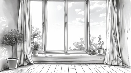 Continually drawn window with curtains and table with houseplant isolated on white. Monochrome modern illustration. - obrazy, fototapety, plakaty