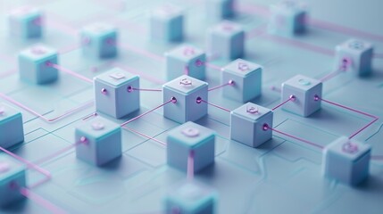 A 3D rendering of a blockchain network. The blocks are connected to each other by pink lines.