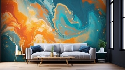 Modern living room design with blue and orange wall and white sofa