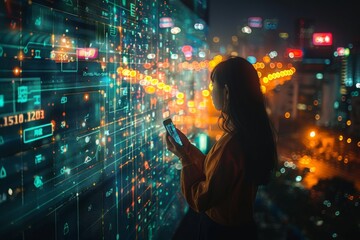 Rear view of a woman using her smartphone surrounded by a backdrop of colorful neon data and city lights