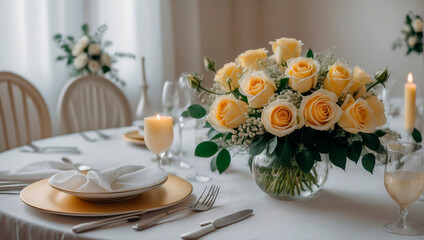 White bouquet with yellow roses on a wedding table decorated with white tablecloth