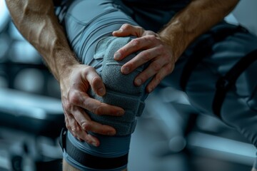 Detailed view of a male athlete adjusting a supportive knee brace, likely preventing sports-related injuries