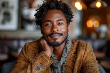 Handsome man with a bright smile and engaging personality, dressed in warm earth tones