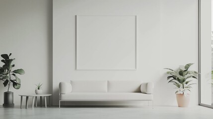 Minimalist living room with a white sofa, empty frame on wall, and decorative houseplants.
