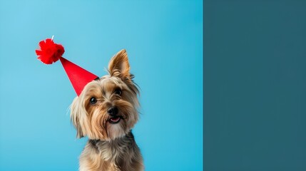 Adorable purebred golden retriever Labrador dog wearing pink cone hat look camera isolated on plain pastel light blue background studio portrait. Celebrating birthday holiday Ai generated 