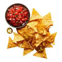 Top view of nachos chips and salsa isolated on transparent background