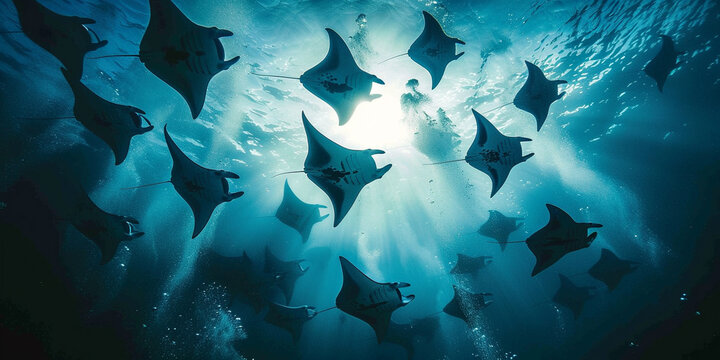 underwater photography of manta ray group migration swimming under the deep blue ocean. illuminated sun ray in the sea.
