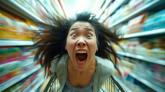Dynamic image of an Asian woman with wild hair flying and an excited expression in a blurry supermarket aisle.