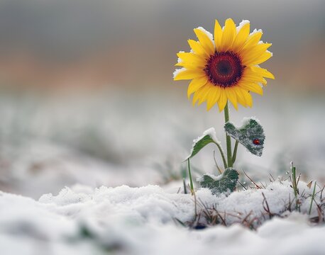 Solitary Sunflower Standing in Snow with a Ladybug: A Contrast of Seasons