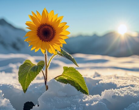 Lone Sunflower Gleaming at Sunrise Against Snowy Mountain Range