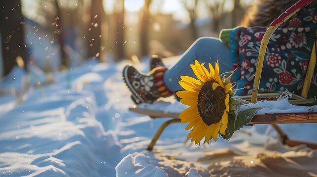 Sunflower on a Snowy Sled Ride: Winter's Touch with a Glimpse of Summer