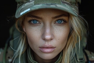 Intense close-up of a female soldier with a camouflaged uniform showing determination and readiness