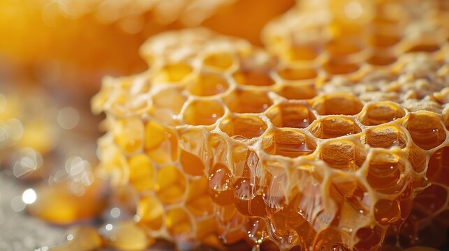Golden Honeycomb Detail with Glistening Honey Drops in Close-Up