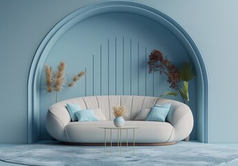 3D render, beautiful interior design of a living room with a blue wall background mock up, sofa and table decor, home decoration in a pastel color theme, cozy house interior