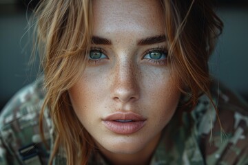 Portrait of a young woman with intense green eyes and freckles, focused and clear in a close-up shot - Powered by Adobe