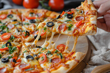 A slice of pizza, topped with melting cheese, tomatoes, olives, and herbs, is pulled away, strings of cheese stretching