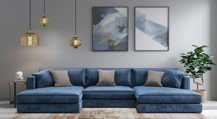 3d rendering of blue sofa with gold pendant lamp and wall art decoration in modern living room interior design background concept