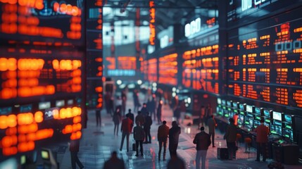 Obraz premium A bustling stock exchange with red and orange lights