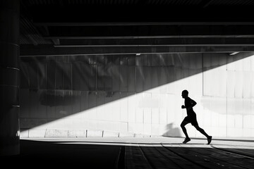 A runner's silhouette against a concrete backdrop, sharply divided by a diagonal beam of light, portrays motion and contrast