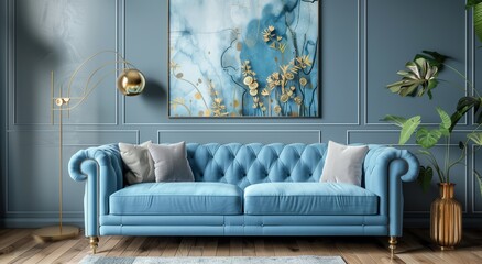 3d rendering of living room interior design with blue sofa and decorative painting on wall background, golden lamp stand, wooden floorboard
