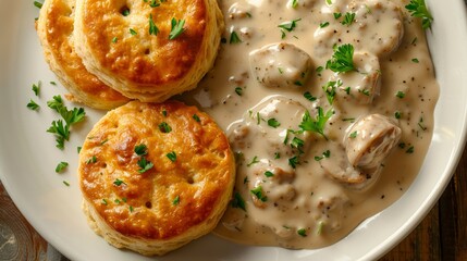 Top view of a heart-healthy Biscuits and Sausage Gravy meal, with whole wheat biscuits, chicken sausage, and gravy from reduced-fat milk, isolated background