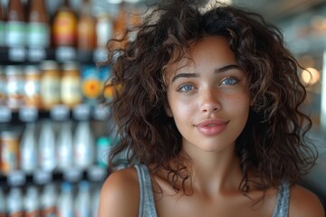 Fototapeta premium A striking portrait of a young woman with curly hair and captivating eyes in a supermarket