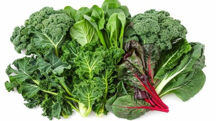 Top view of a colorful mix of leafy green vegetables, including kale and Swiss chard, ideal for health-focused diets, on an isolated white background