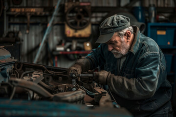 authentic portrayal of a seasoned mechanic working on a vehicle part in the garage, showcasing the hands-on approach and technical proficiency essential in the automotive industry,