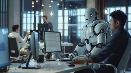 Fototapeta premium A humanoid robot sits among human colleagues in a modern office, interacting using a computer.