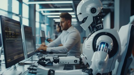 A futuristic scene in an office with a robot working alongside human colleagues. - obrazy, fototapety, plakaty