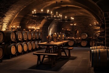 An Enchanting Underground Wine Cave Illuminated by Soft Candlelight, with Rows of Aged Wine Barrels...