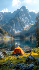 Beautiful campsite. Warm sunlight shine through the mountains onto green field. The lake and tranquil valley are visible in the background. We will experience an adventure amidst the beauty of nature.