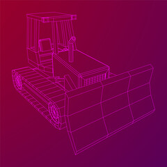 Big front-end loader bulldozer. Heavy equipment machine and manufacturing equipment for mining. Wireframe low poly mesh vector illustration.