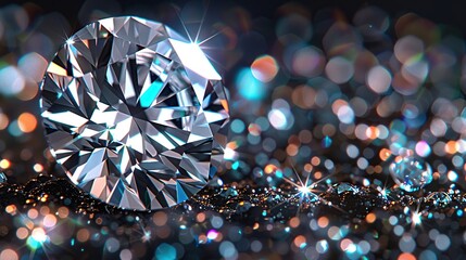 Beautiful diamond on bokeh background with blue light reflections in style gemstone.