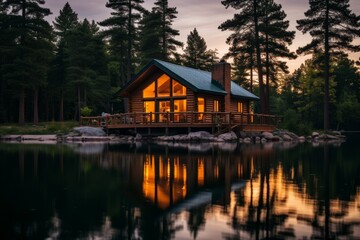 A Serene Summer Evening at a Lakeside Cabin, Nestled Amongst Towering Pines, Reflecting on the Calm Waters