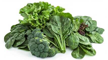 Nutrient-packed leafy greens including spinach and collard greens, artistically arranged, emphasizing their fresh, organic quality on an isolated background