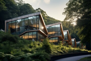 A Modern Timber Office Complex Nestled in a Lush Green Forest with Glass Facades Reflecting the...