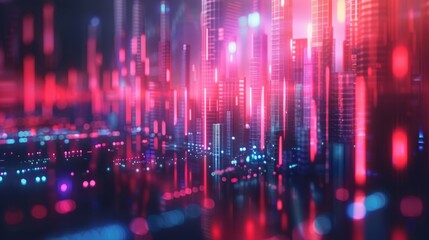 A digital city with skyscrapers made of glowing pink and blue lines.