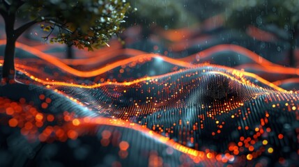 A digital landscape with a tree rendered with glowing particles.