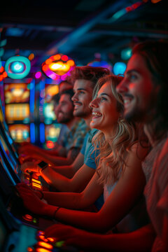 A group of people are playing a game of slot machines, with one woman smiling. Vacation concept