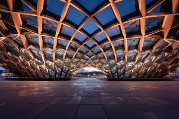 Modern Gridshell Structure Exhibition Hall with Intricate Geometric Patterns Illuminated at Dusk
