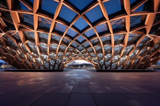 Modern Gridshell Structure Exhibition Hall with Intricate Geometric Patterns Illuminated at Dusk