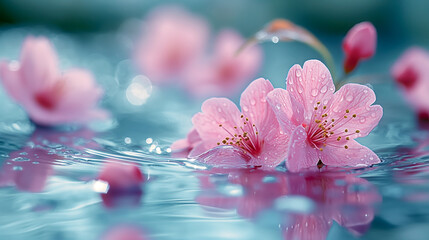 At the end of spring, cherry blossom petals fall into the valley water