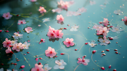 At the end of spring, cherry blossom petals fall into the valley water