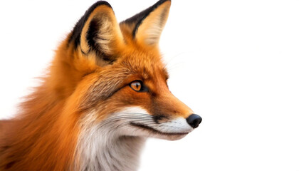 Extreme close-up and profile view of a head of red fox isolated on white background with copy space. (Vulpes vulpes). Generative Ai.