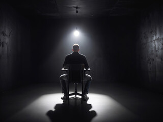 A man sitting alone in a pitch black room, single overhead light, isolation and introspection