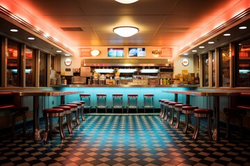 A Vintage Local Diner Serving Classic Comfort Food, Illuminated by Neon Lights with Retro Bar Stools and Checkered Floor Tiles
