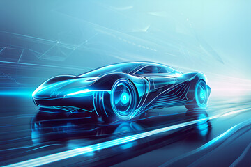 Sleek futuristic cyber car in motion on a dynamic background, neon blue glow, concept of speed and technology, perfect for advertising high technology and innovation themes