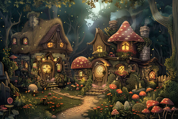 Enchanted mushroom houses nestled in a mystical forest with glowing windows, lush greenery, and whimsical details in a storybook illustration style, ideal for fantasy themes